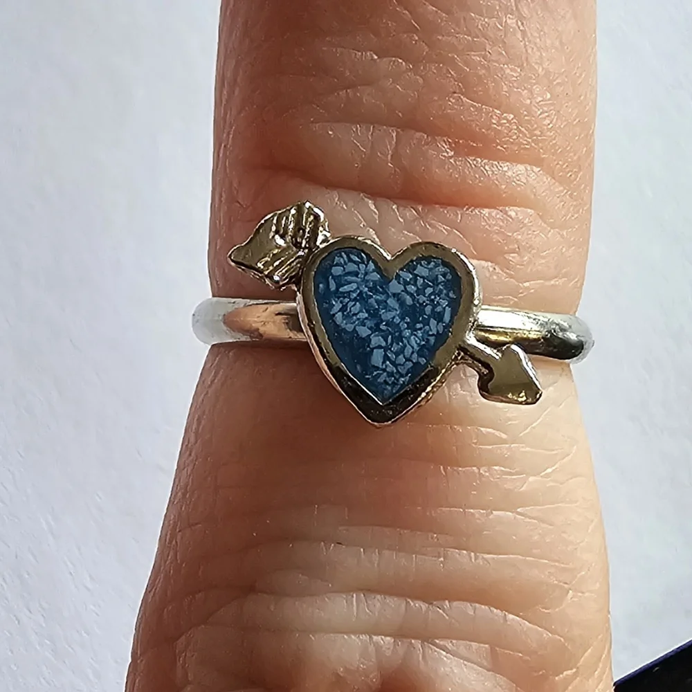 Vintage heart ring crushed turquoise silver tone blue size 3.75